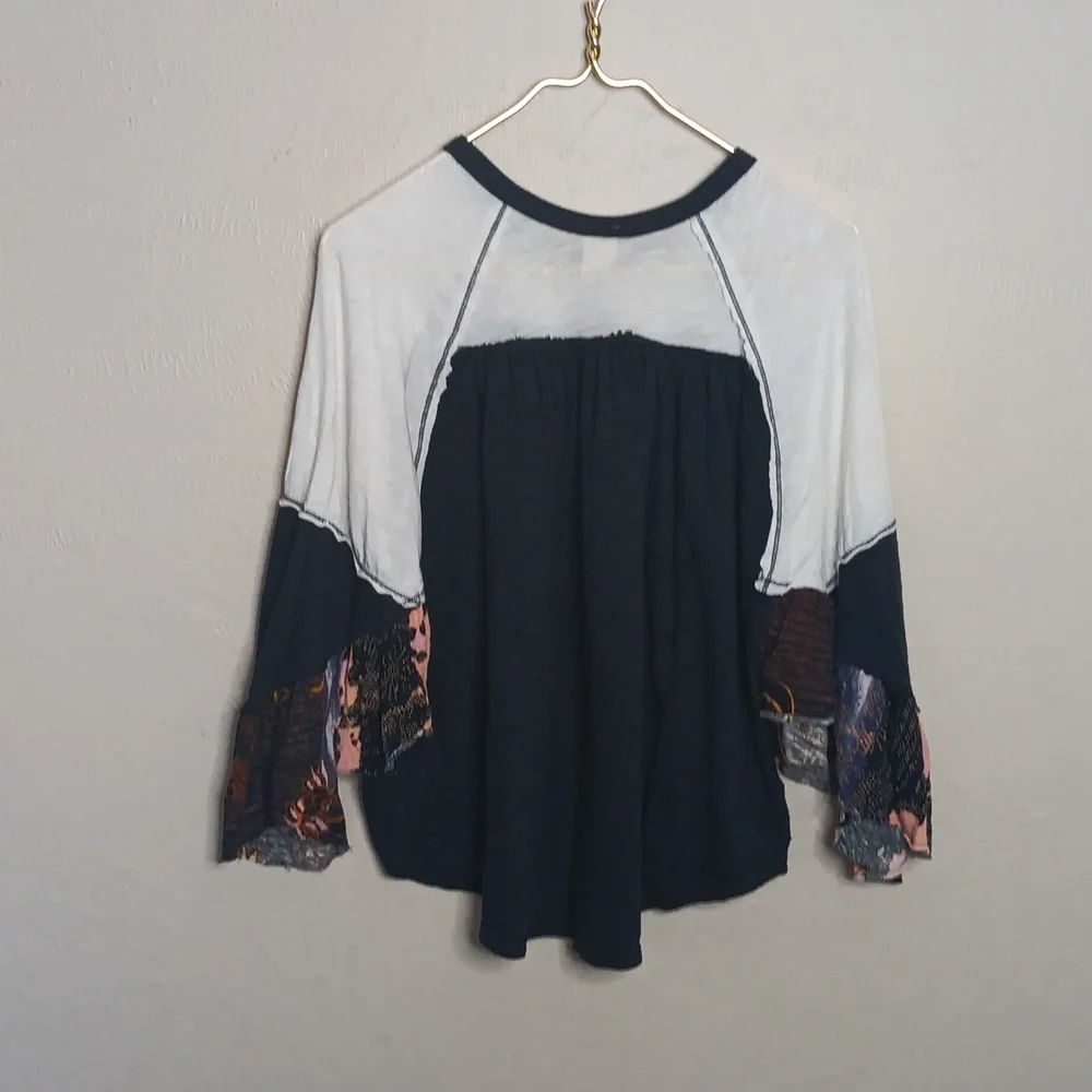 Free People Black and White Peasant-Style Long Sleeve Blouse